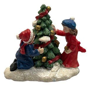 Vintage Christmas Village Figurine Children Decorating the Tree 2.25" Tall